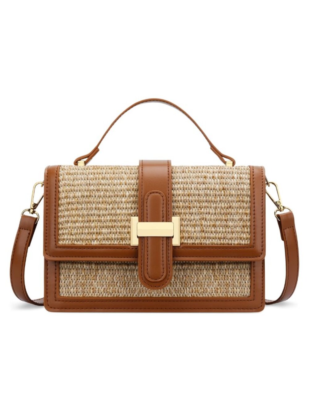 Straw Crossbody Bag with Faux Leather Trim Adjustable Strap
